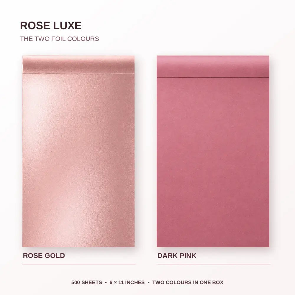 Close-up of Rose Luxe rose gold and dark pink embossed foil sheets