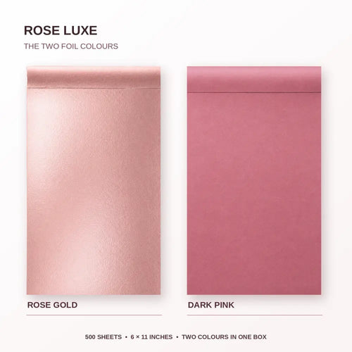 Close-up of Rose Luxe rose gold and dark pink embossed foil sheets
